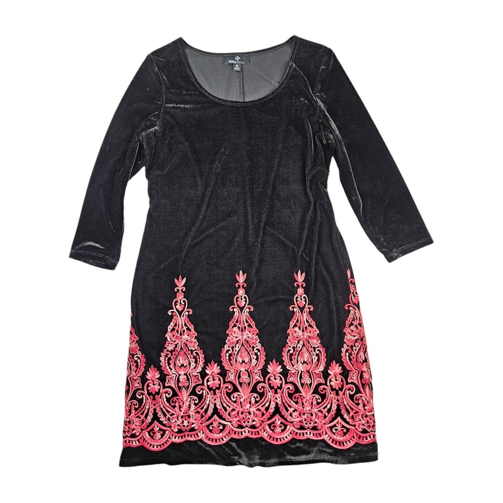 Ronni Nicole Velvet Embroidered Dress Women Size 10 Black Red Floral Knee Length